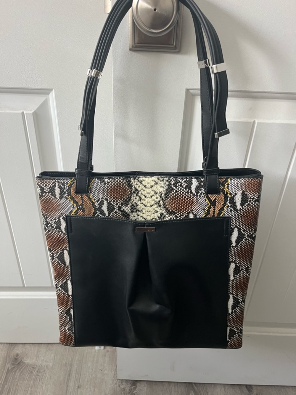 Calvin Klein Snake-Print Tote with Black Front Pocket - Women's Shoulder Bag